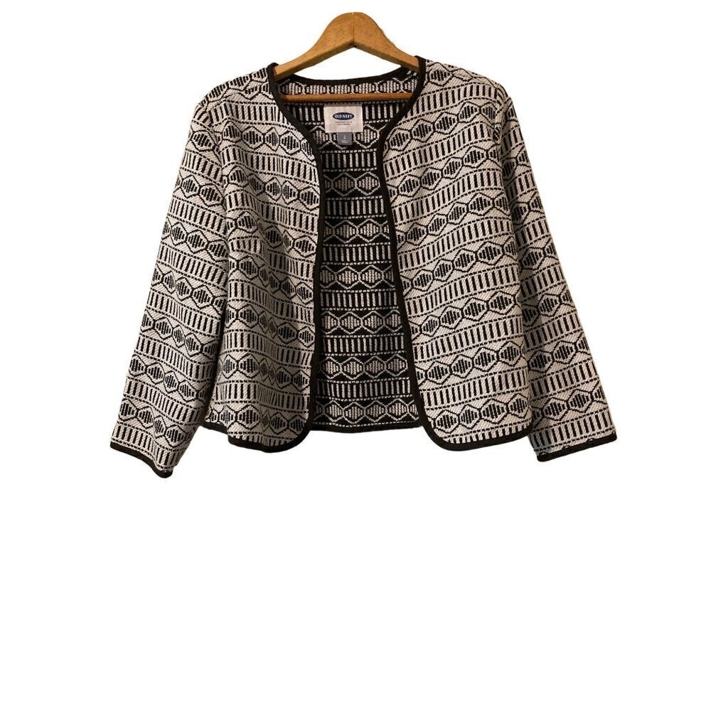 Old Navy Women's Cardigan Lightweight Open Jacket Jacquard Black White Print LRG